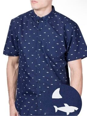 Men's Navy Short-Sleeve Button-Down Shirt with White Shark Print